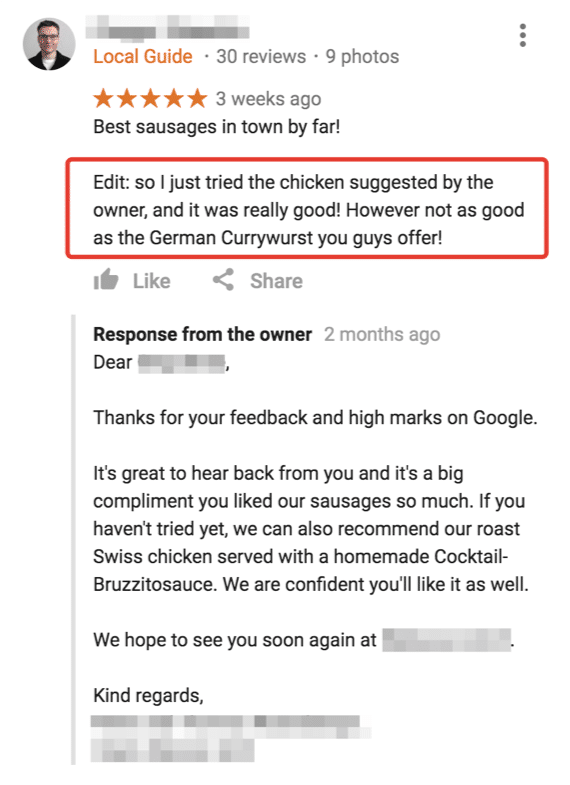 Example of a response to an online review: Upselling